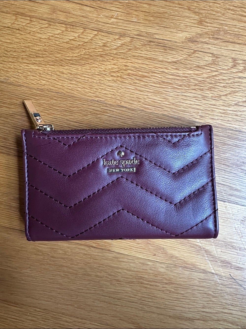 Kate Spade Burgundy Quilted Chevron Card Wallet with Gold Hardware